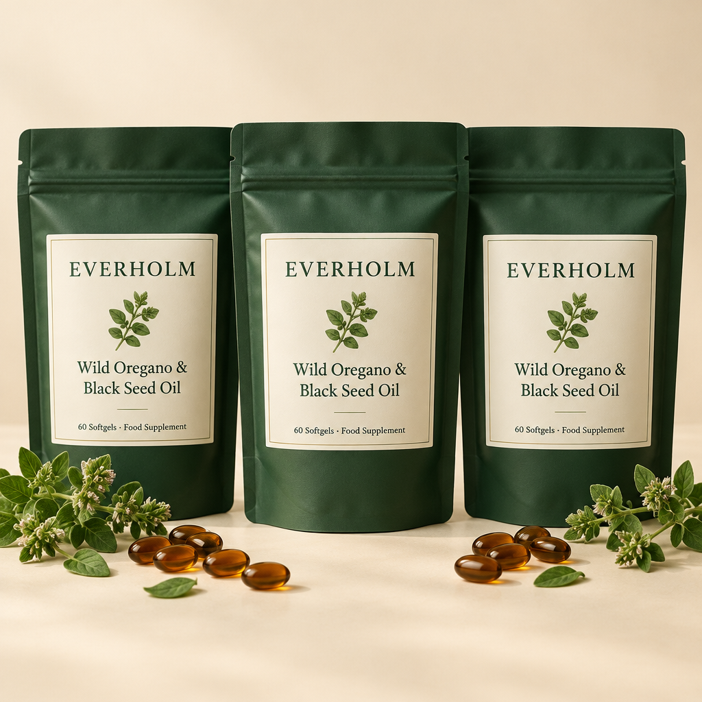 Three pouches of Everholm Wild Oregano & Black Seed Oil