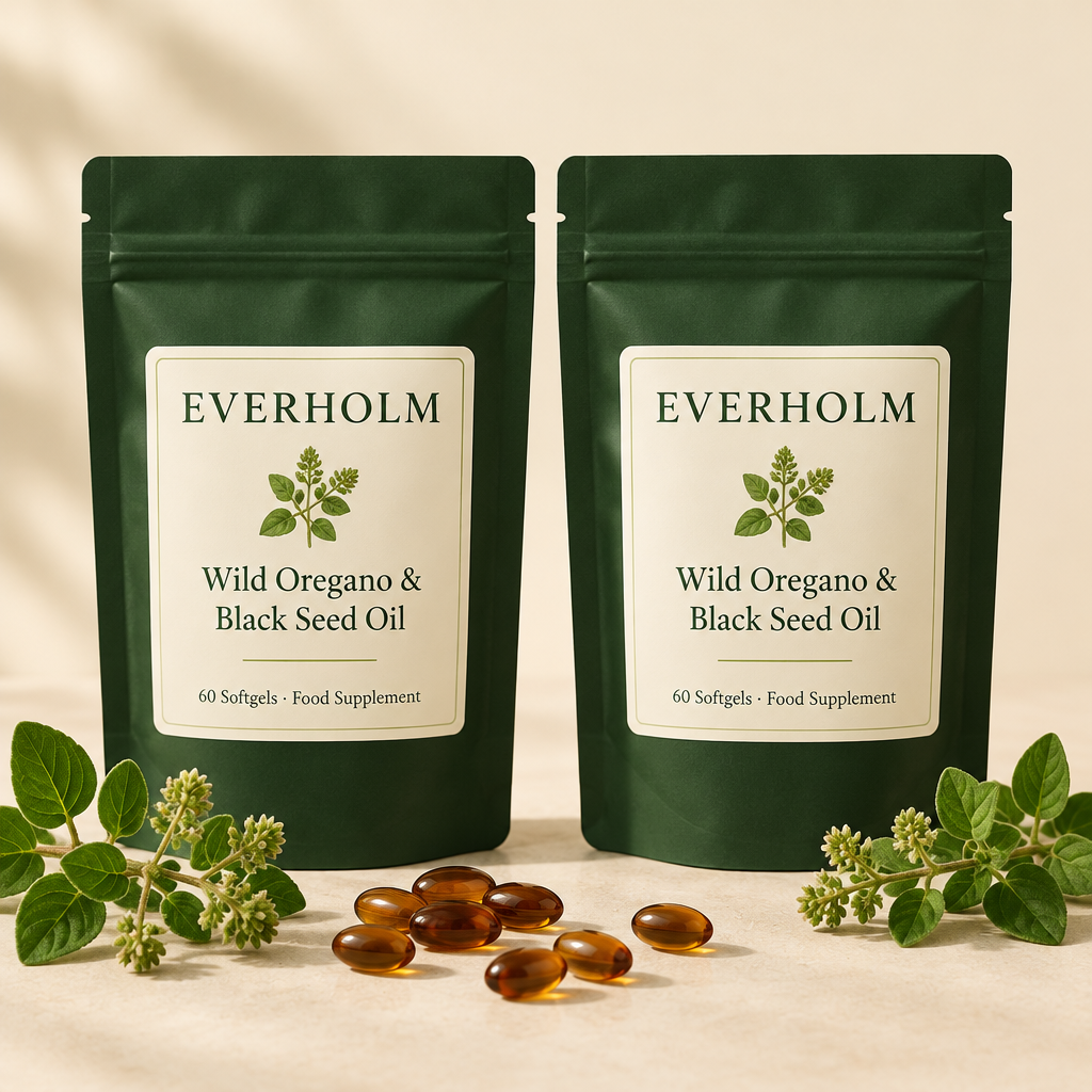 Two pouches of Everholm Wild Oregano & Black Seed Oil