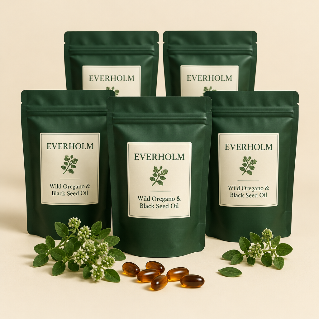 Five pouches of Everholm Wild Oregano & Black Seed Oil