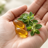 Two Everholm softgels in the palm of a hand