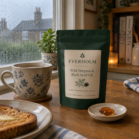 Everholm pouch on a British kitchen table on a rainy morning