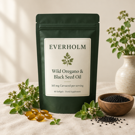 Everholm Wild Oregano & Black Seed Oil pouch with softgels, oregano and black seeds