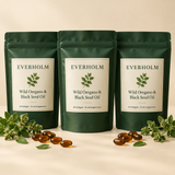 Three pouches of Everholm Wild Oregano & Black Seed Oil