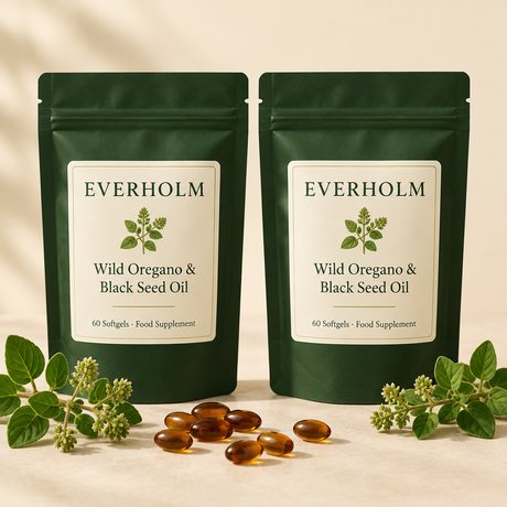Two pouches of Everholm Wild Oregano & Black Seed Oil
