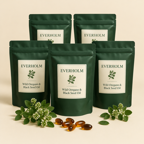 Five pouches of Everholm Wild Oregano & Black Seed Oil